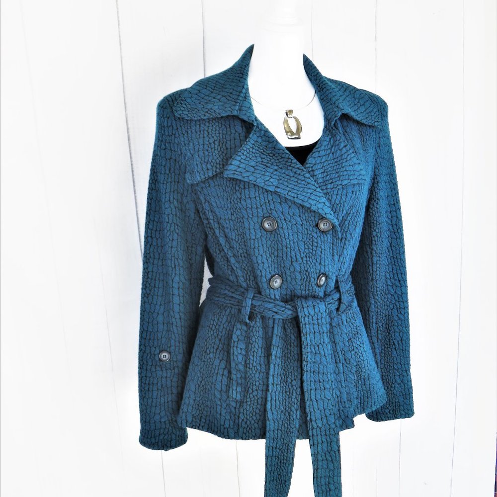 Teal Blue Jacket Belted Snakeskin Pattern by NY Collection........726